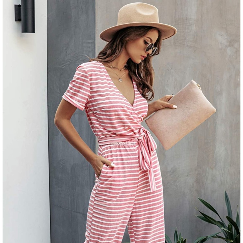Striped Wide Leg Jumpsuit Romper with Pockets - Picture 3 of 5